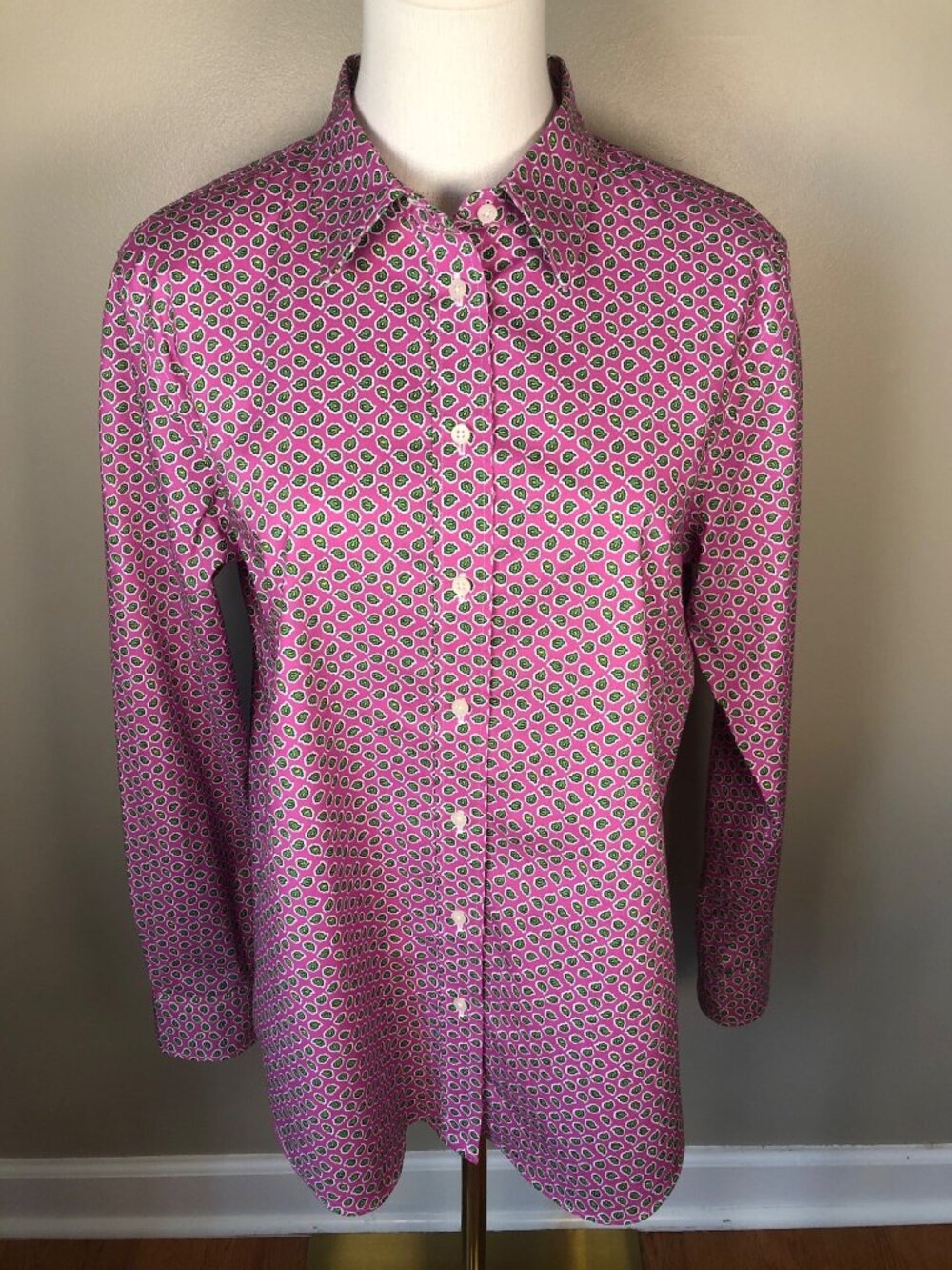Lauren Ralph Lauren Cotton Stretch Pink Paisley Button Front Preppy Career Sz L